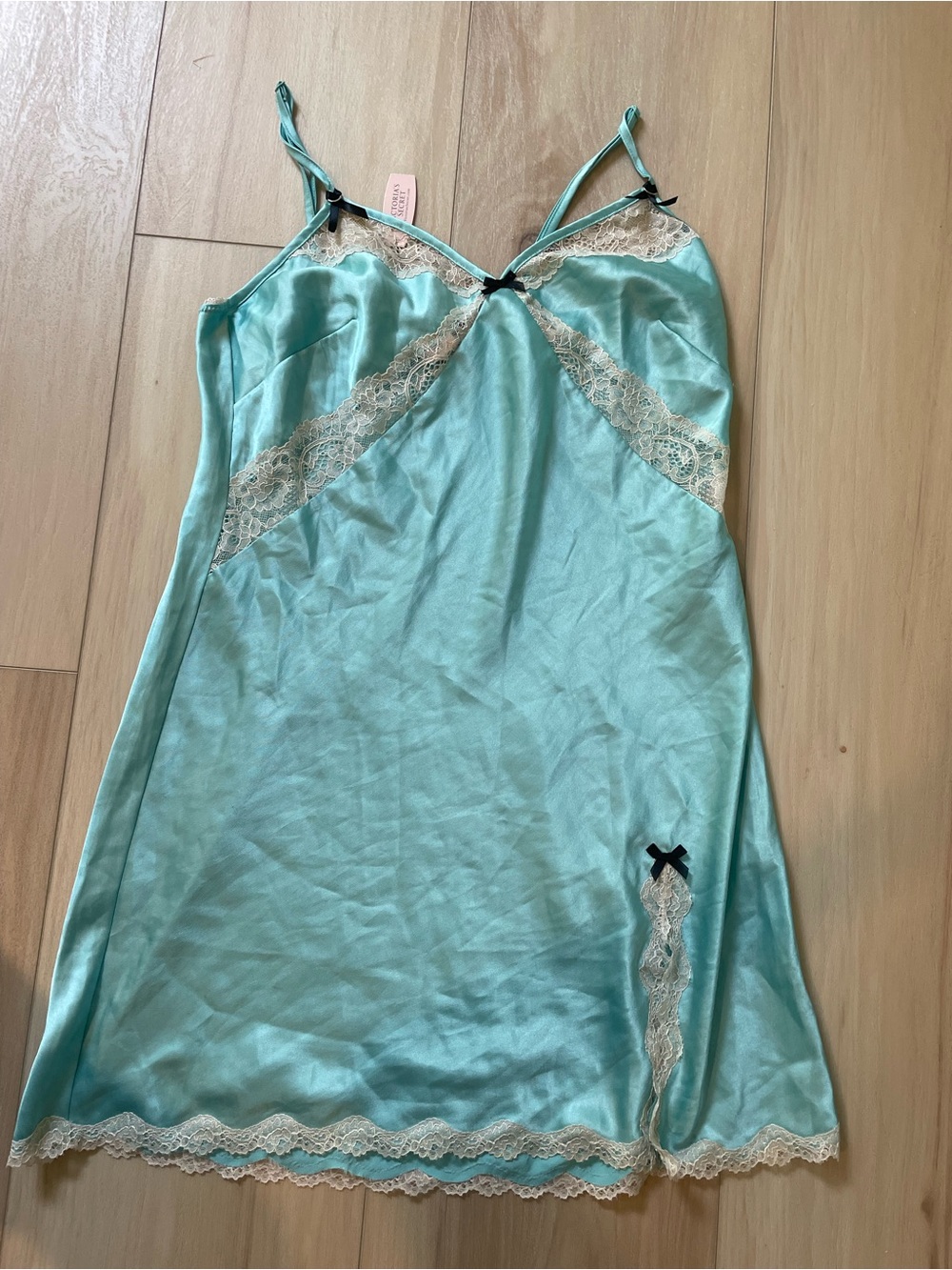Silk-Feel Aqua Lace Trim Slip Nightdress